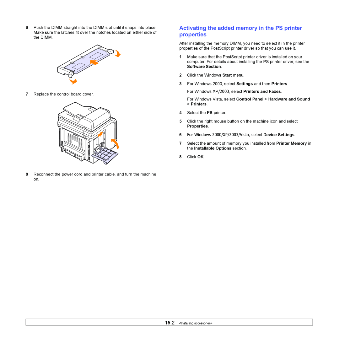 Xerox 3300MFP manual Activating the added memory in the PS printer properties 