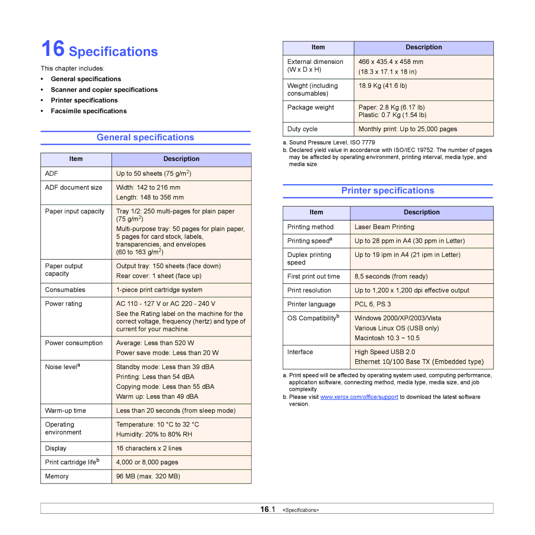 Xerox 3300MFP manual Specifications, General specifications, Printer specifications 