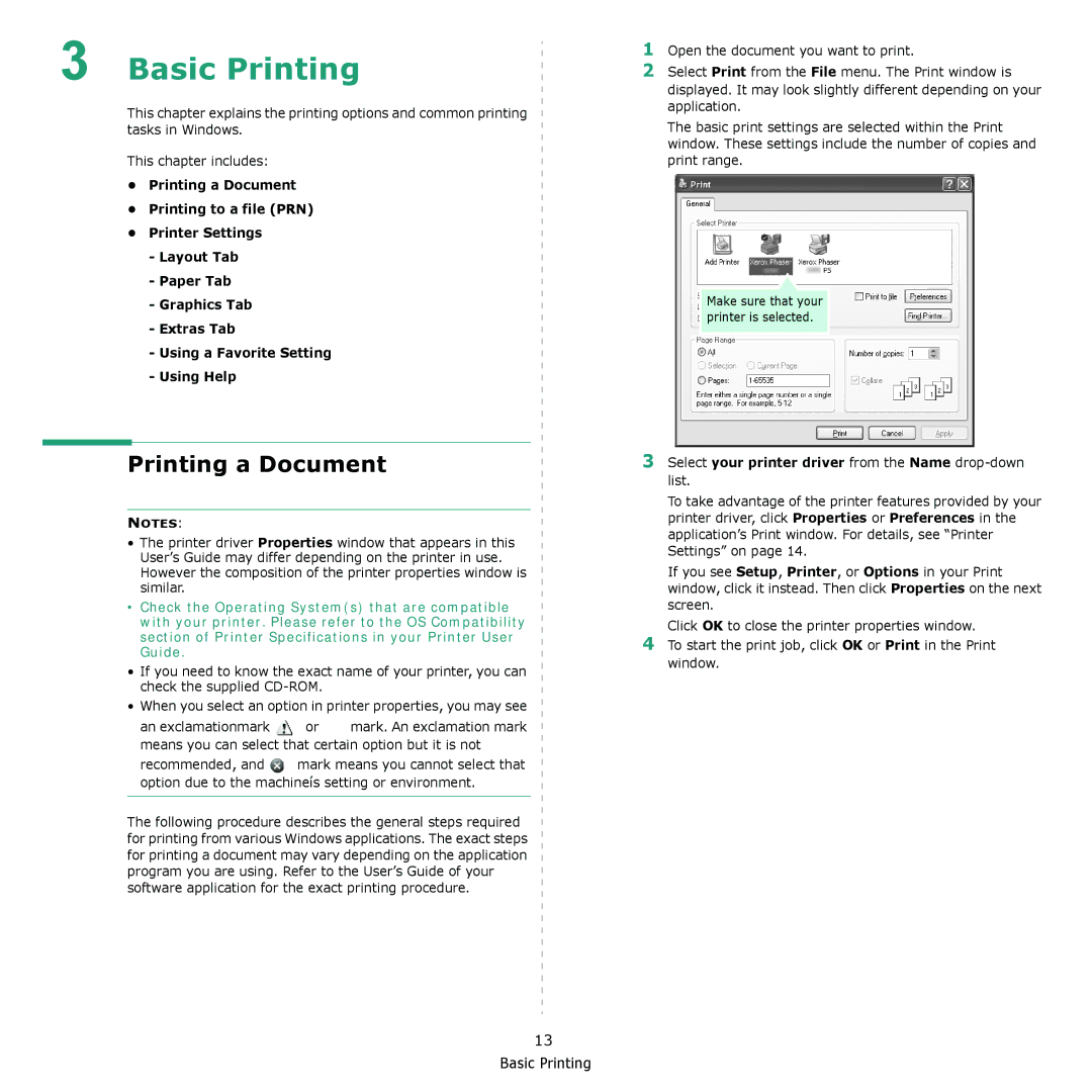 Xerox 3300MFP manual Printing a Document, Select your printer driver from the Name drop-down list 