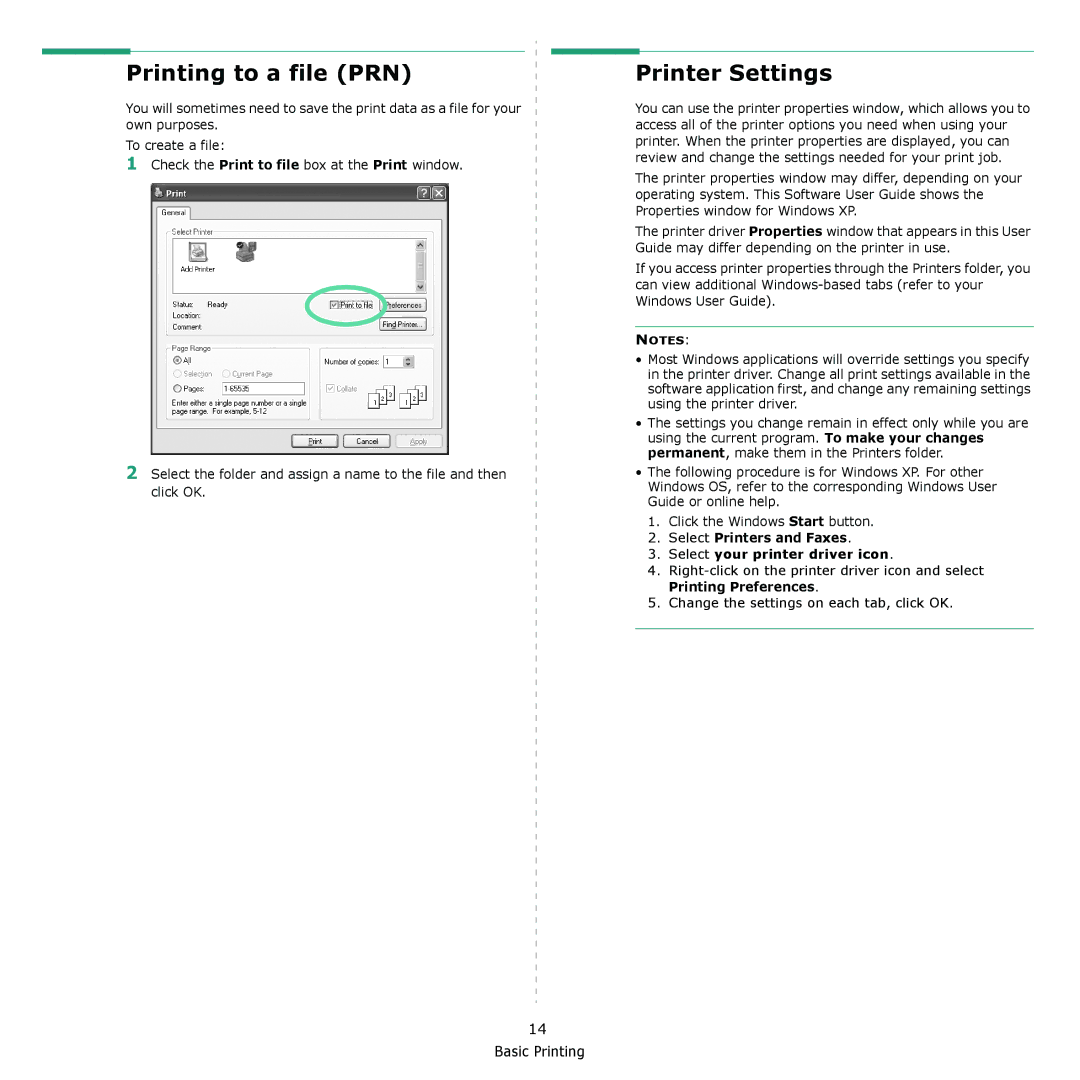 Xerox 3300MFP manual Printing to a file PRN, Printer Settings, Select Printers and Faxes Select your printer driver icon 