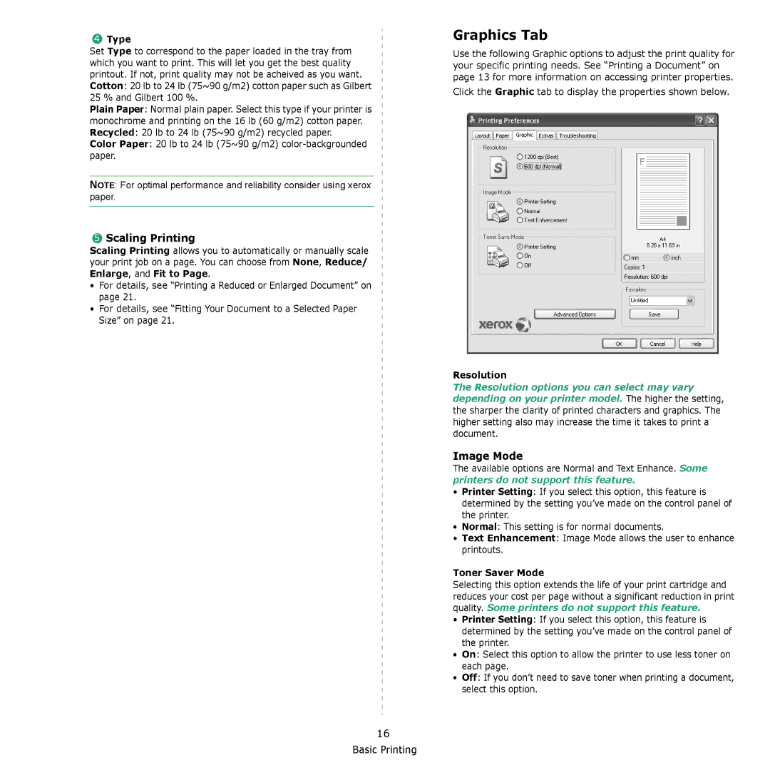 Xerox 3300MFP manual Graphics Tab, Type, Resolution, Toner Saver Mode 