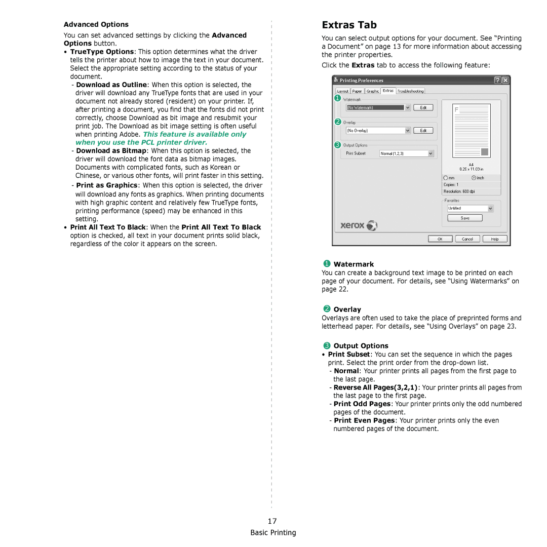 Xerox 3300MFP manual Extras Tab, Advanced Options, Watermark, Overlay, Output Options 