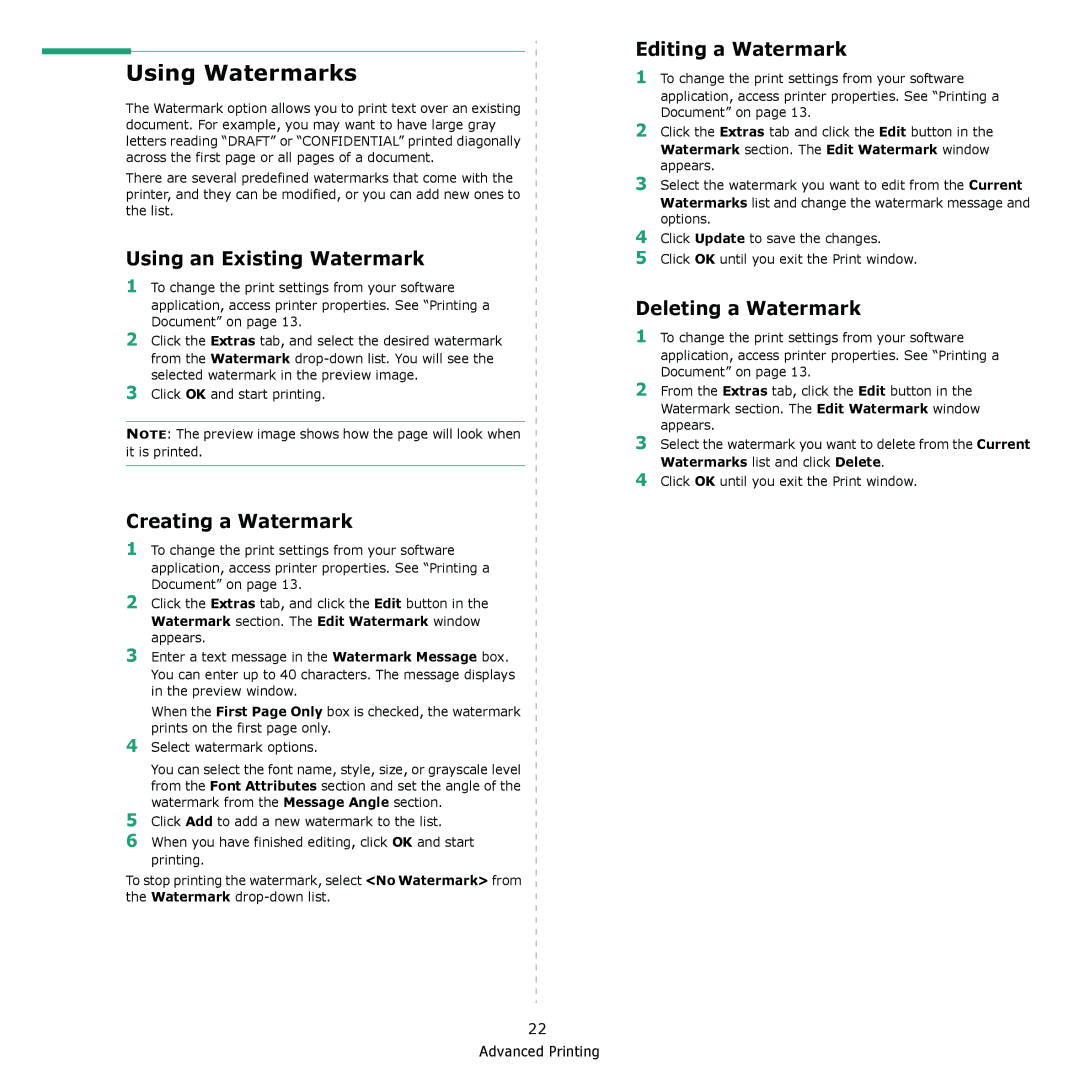 Xerox 3300MFP manual Using Watermarks, Using an Existing Watermark, Creating a Watermark, Editing a Watermark 