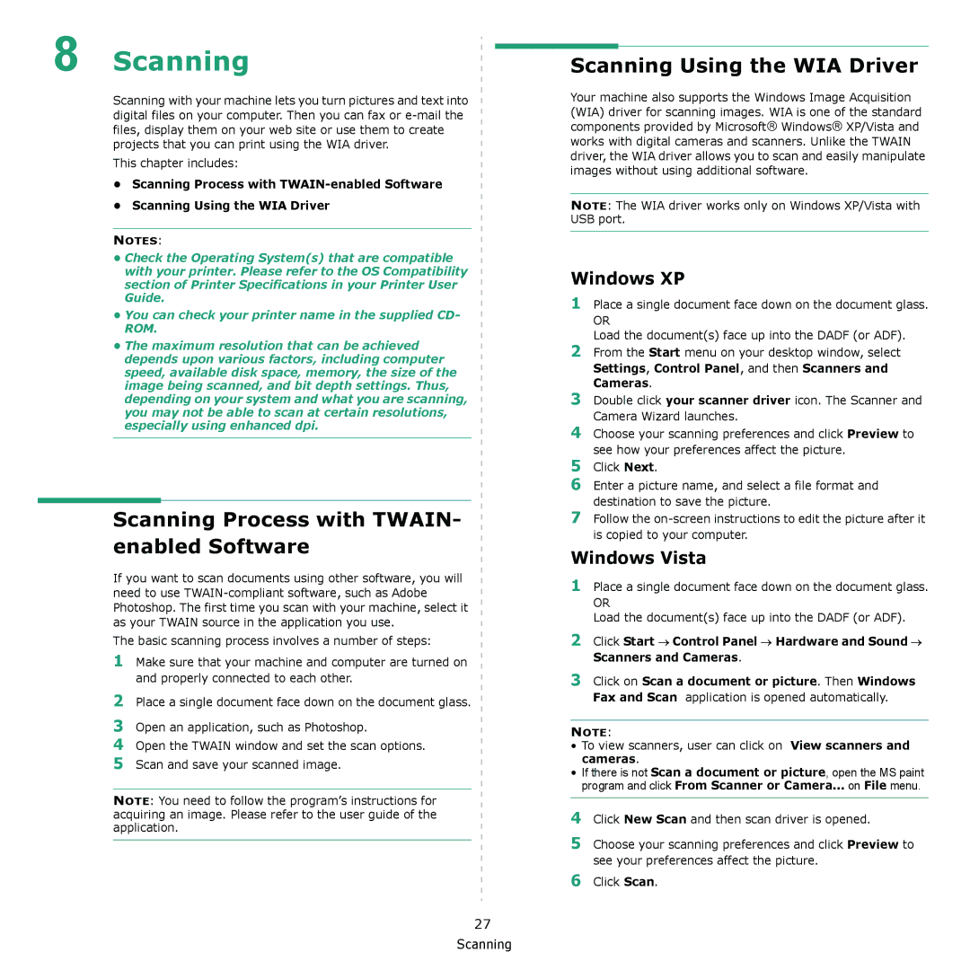 Xerox 3300MFP Scanning Process with TWAIN- enabled Software, Scanning Using the WIA Driver, Windows XP, Windows Vista 