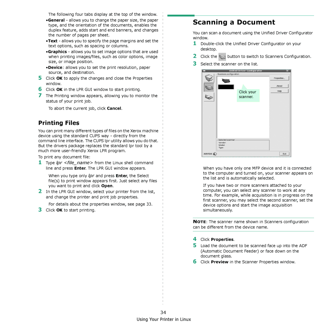 Xerox 3300MFP manual Scanning a Document, Printing Files, Click Properties 