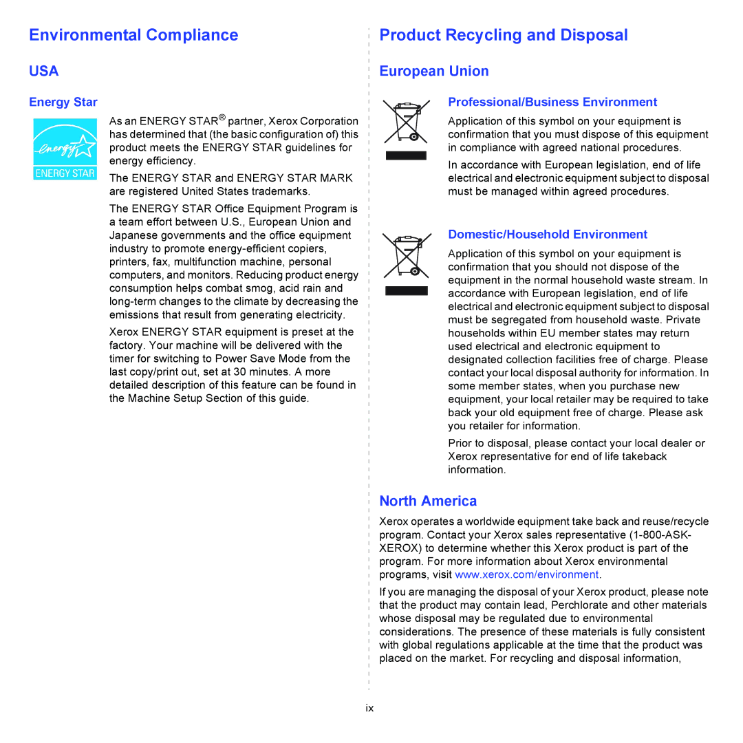 Xerox 3300MFP manual Environmental Compliance Product Recycling and Disposal 