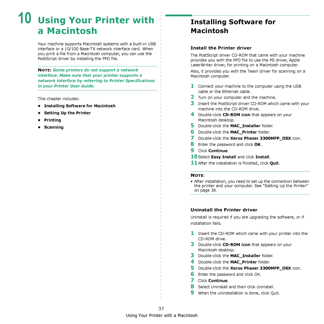 Xerox manual Installing Software for Macintosh, Double-click the Xerox Phaser 3300MFPOSX icon, Click Continue 