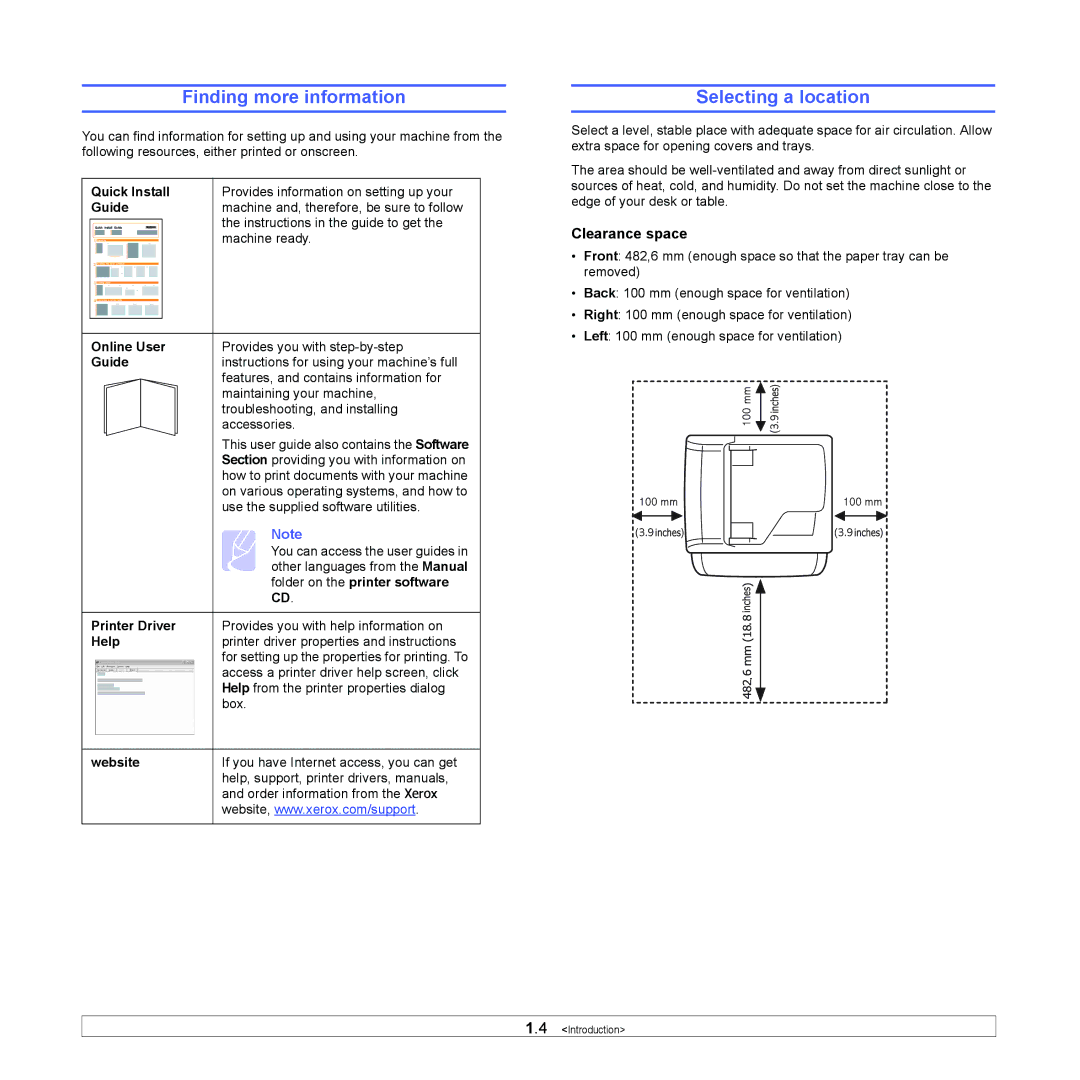 Xerox 3300MFP manual Finding more information, Selecting a location, Clearance space 