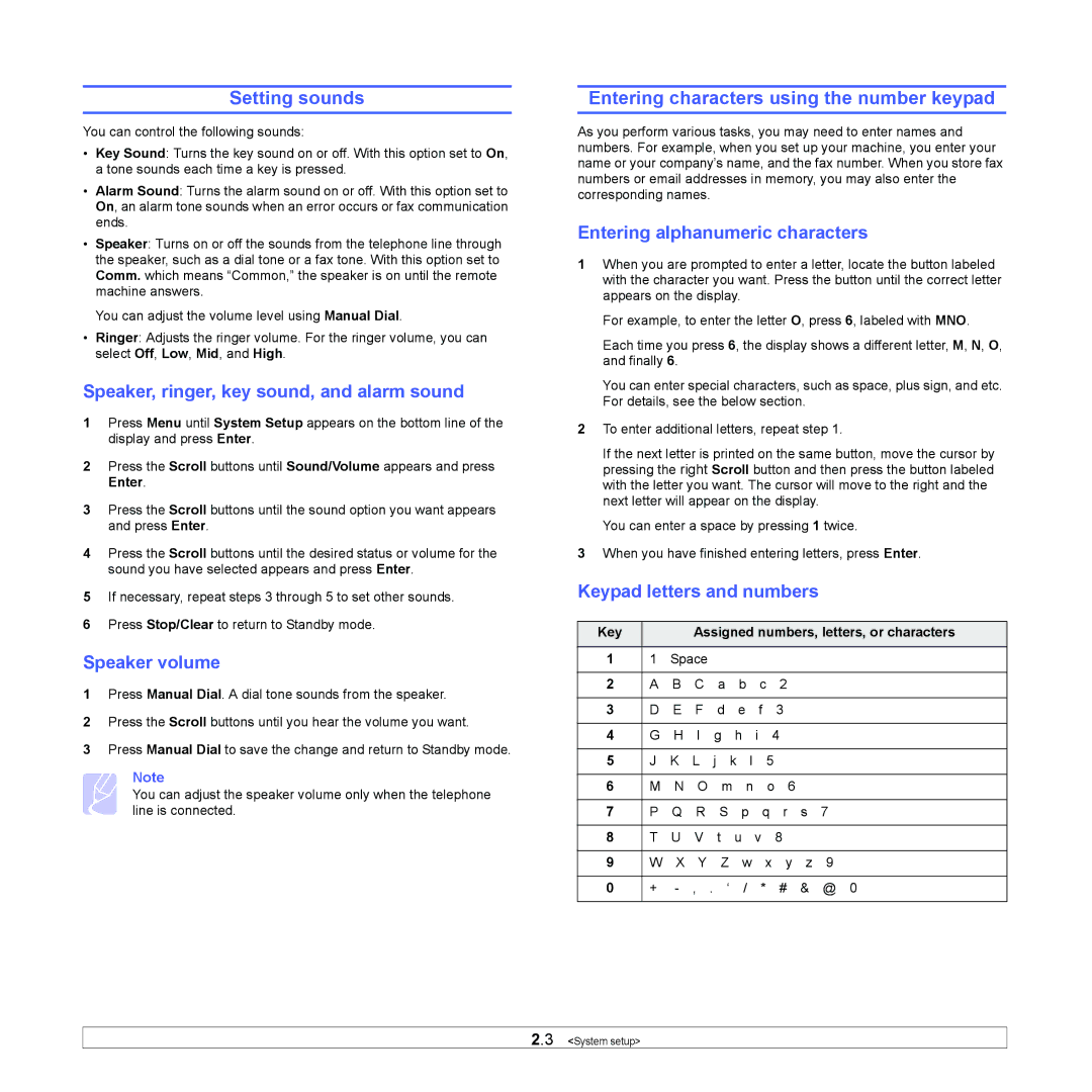 Xerox 3300MFP manual Setting sounds, Entering characters using the number keypad 