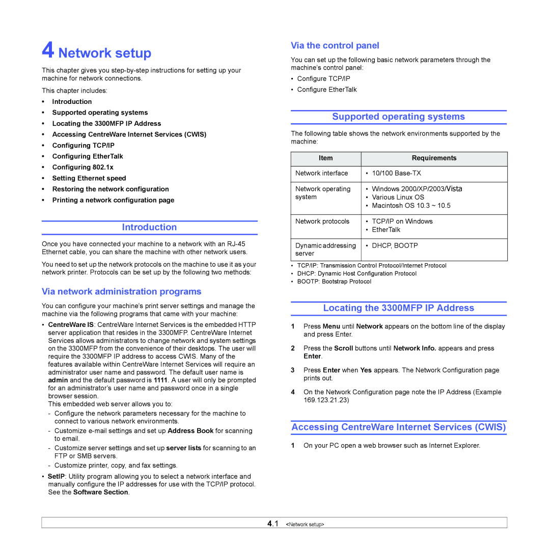 Xerox manual Network setup, Supported operating systems, Locating the 3300MFP IP Address 