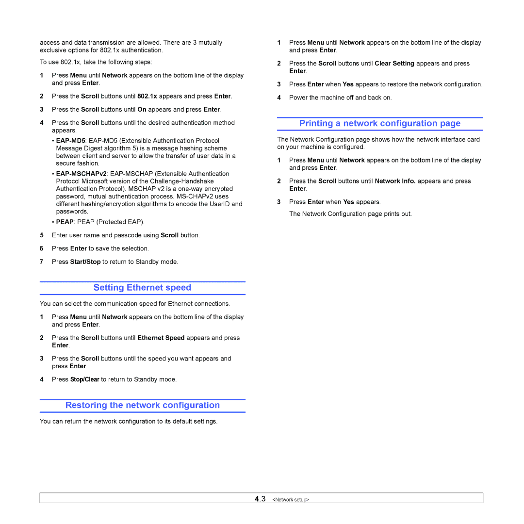 Xerox 3300MFP manual Setting Ethernet speed, Restoring the network configuration, Printing a network configuration 