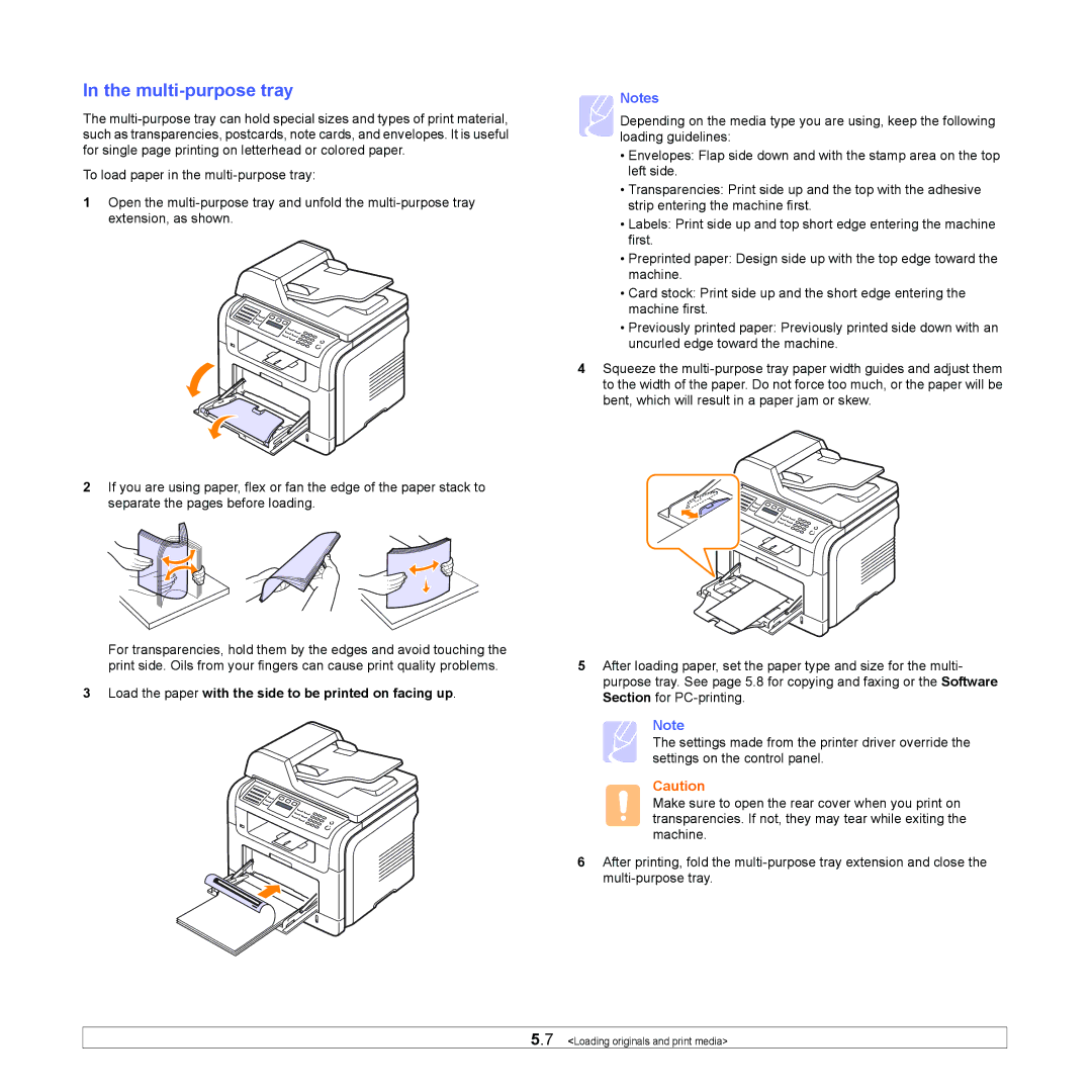 Xerox 3300MFP manual Multi-purpose tray, Load the paper with the side to be printed on facing up 