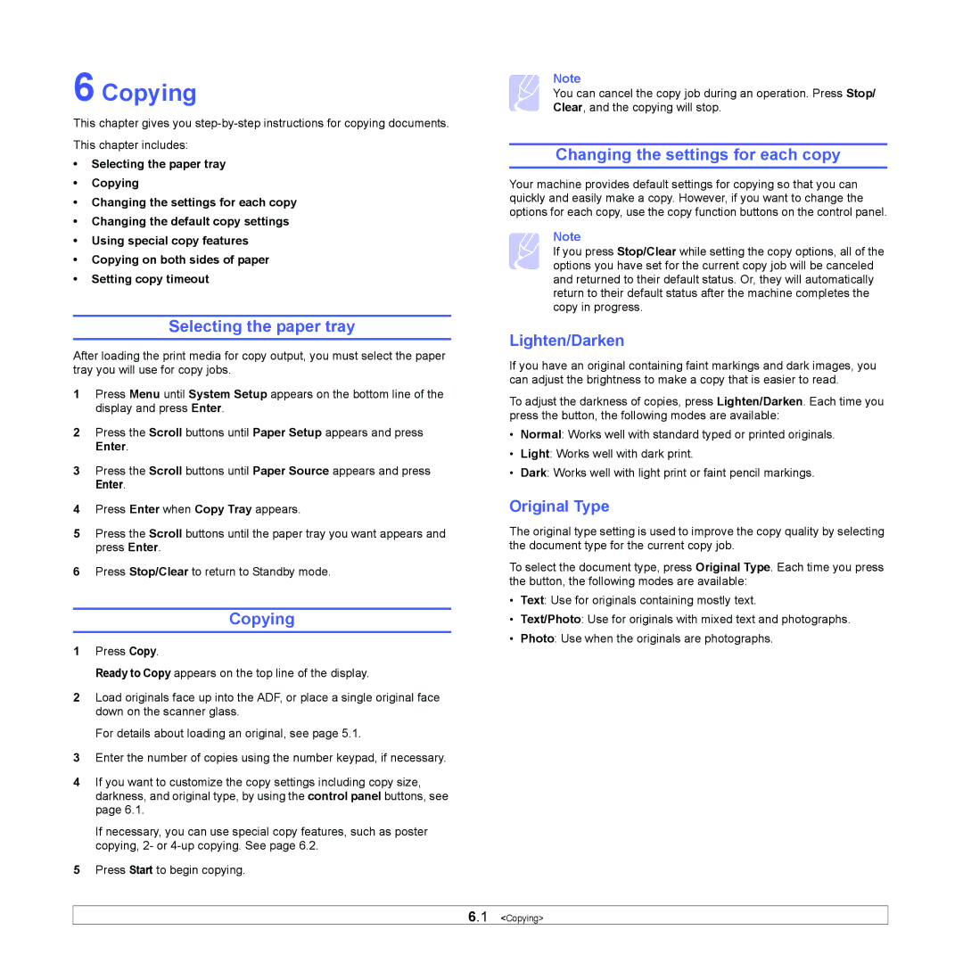 Xerox 3300MFP manual Copying, Selecting the paper tray, Changing the settings for each copy, Lighten/Darken, Original Type 