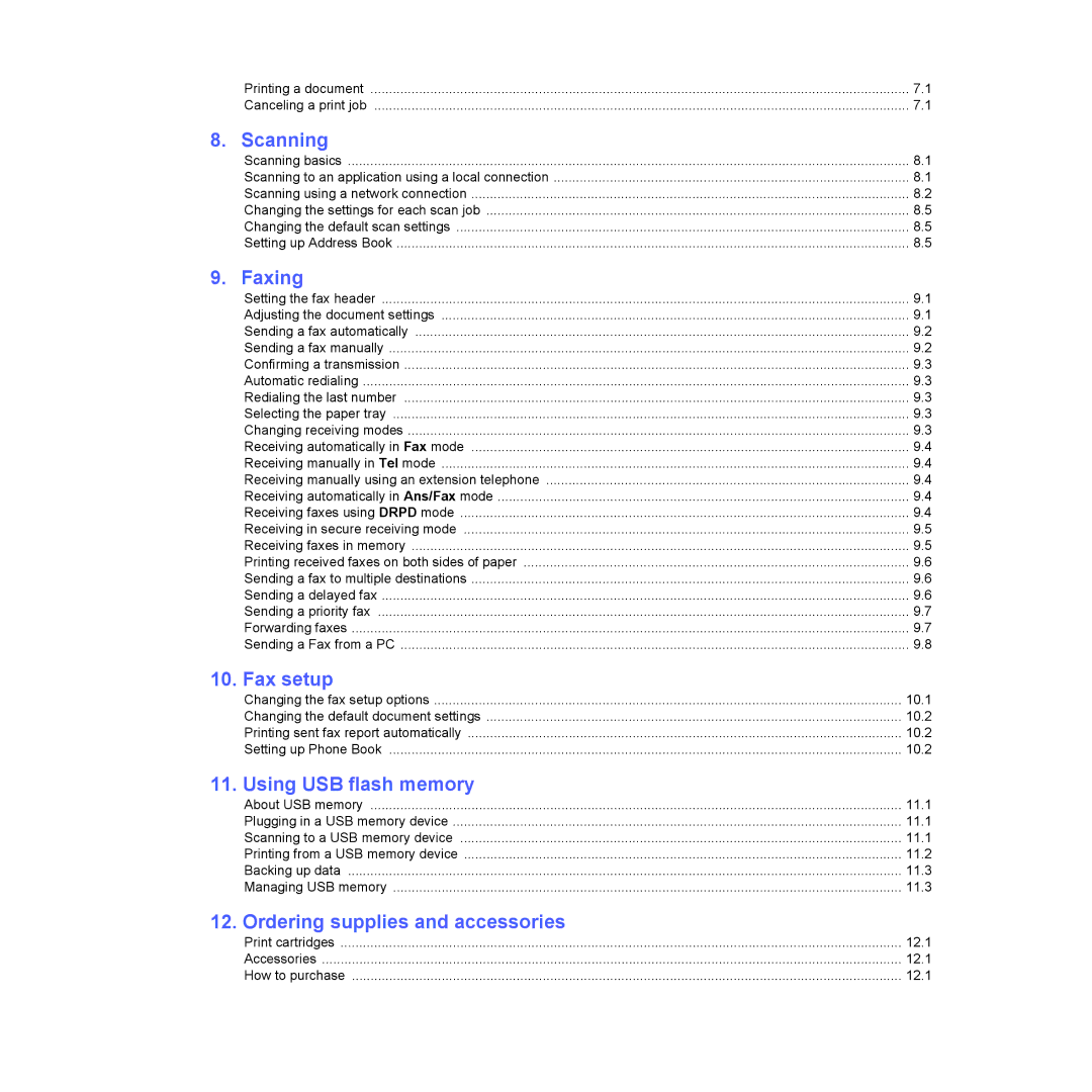 Xerox 3300MFP manual Scanning, Faxing, Fax setup, Using USB flash memory, Ordering supplies and accessories 