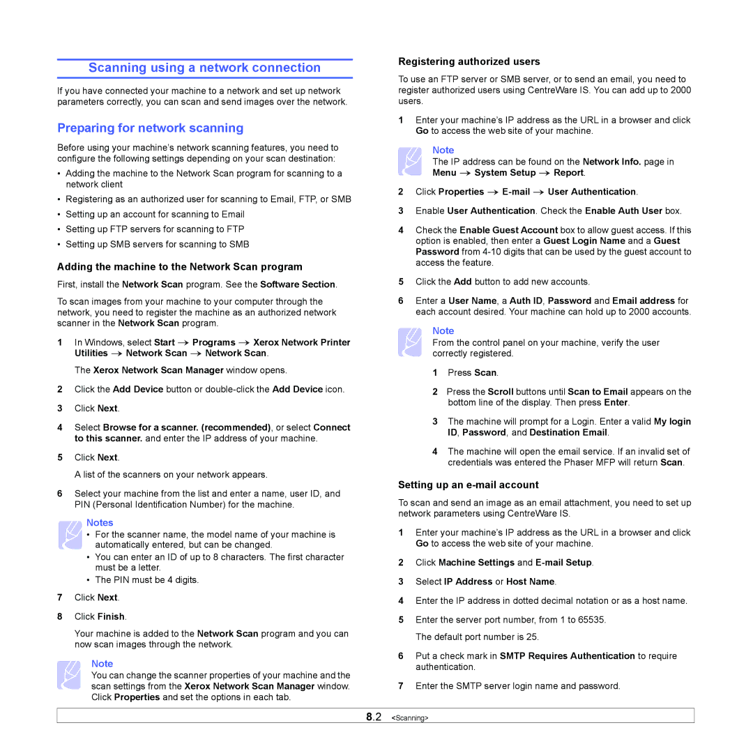 Xerox 3300MFP manual Scanning using a network connection, Preparing for network scanning, Registering authorized users 