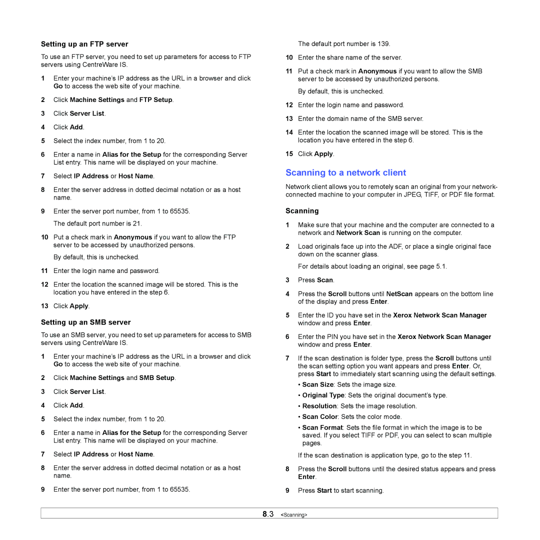 Xerox 3300MFP manual Scanning to a network client, Setting up an FTP server, Setting up an SMB server 