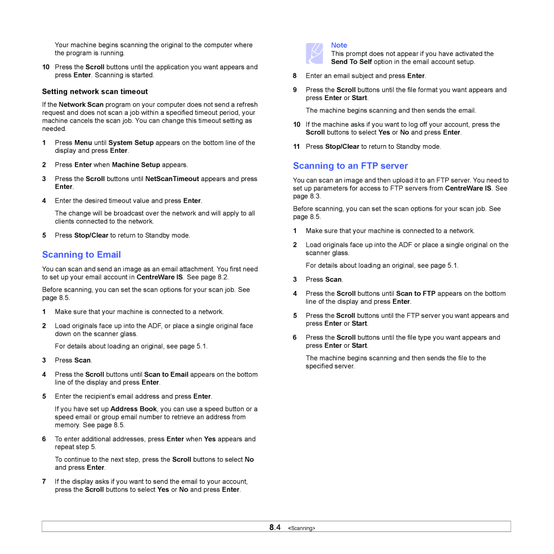 Xerox 3300MFP manual Scanning to Email, Scanning to an FTP server, Setting network scan timeout 