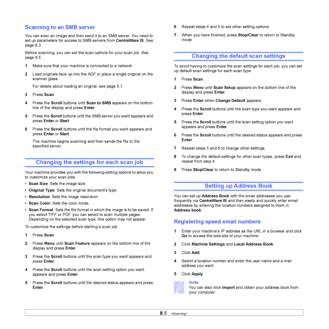 Xerox 3300MFP manual Changing the settings for each scan job, Changing the default scan settings, Setting up Address Book 