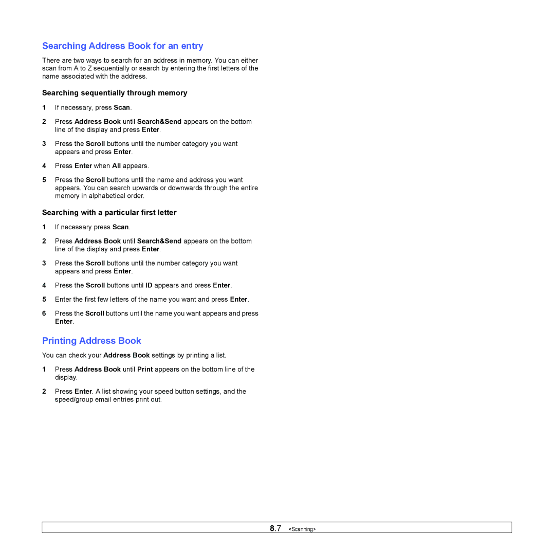 Xerox 3300MFP manual Searching Address Book for an entry, Printing Address Book, Searching sequentially through memory 