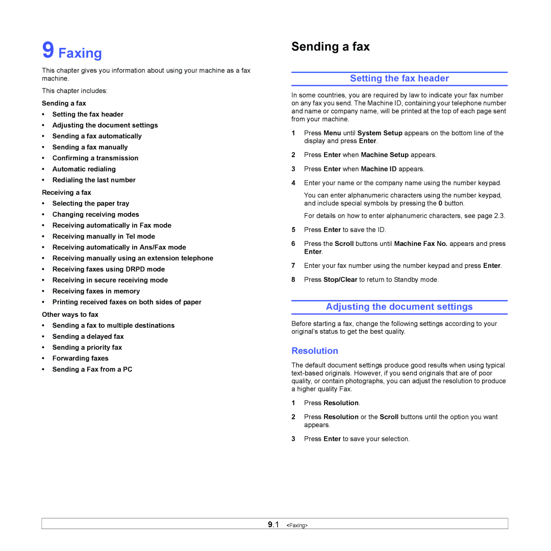 Xerox 3300MFP manual Faxing, Setting the fax header, Adjusting the document settings, Press Resolution 