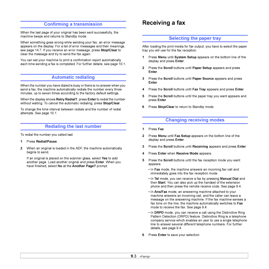 Xerox 3300MFP manual Confirming a transmission, Automatic redialing, Redialing the last number, Changing receiving modes 