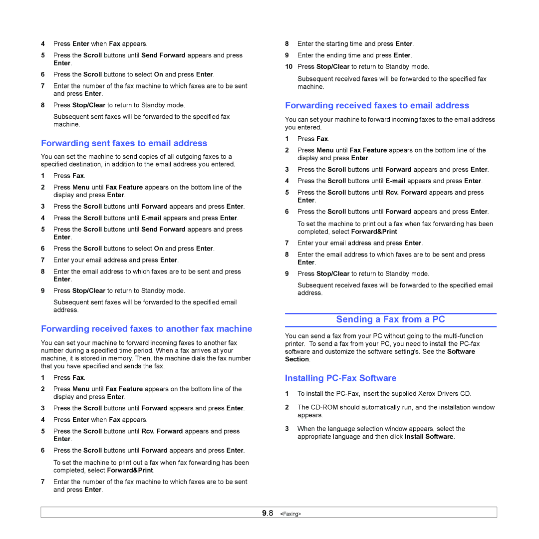 Xerox 3300MFP Sending a Fax from a PC, Forwarding sent faxes to email address, Forwarding received faxes to email address 