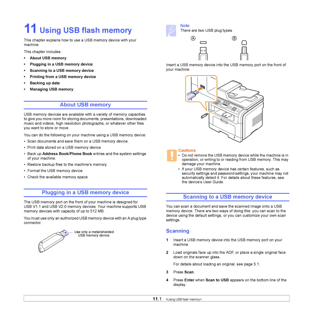 Xerox 3300MFP Using USB flash memory, About USB memory, Plugging in a USB memory device, Scanning to a USB memory device 