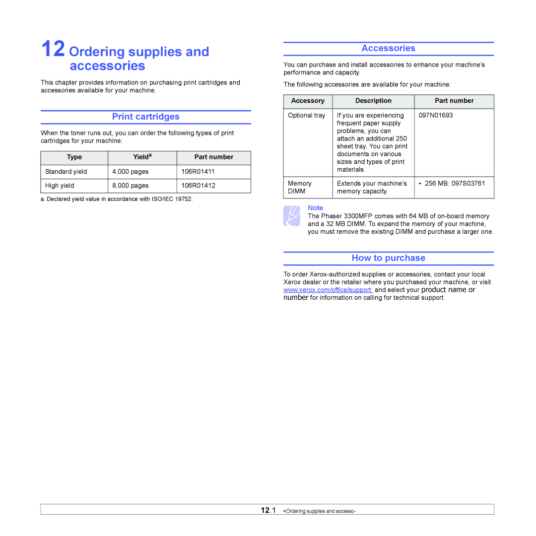 Xerox 3300MFP manual Ordering supplies and accessories, Print cartridges, Accessories, How to purchase 