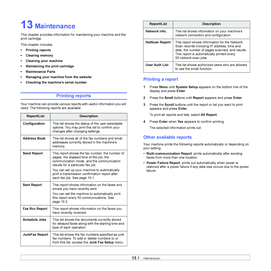 Xerox 3300MFP manual Maintenance, Printing reports, Printing a report, Other available reports 