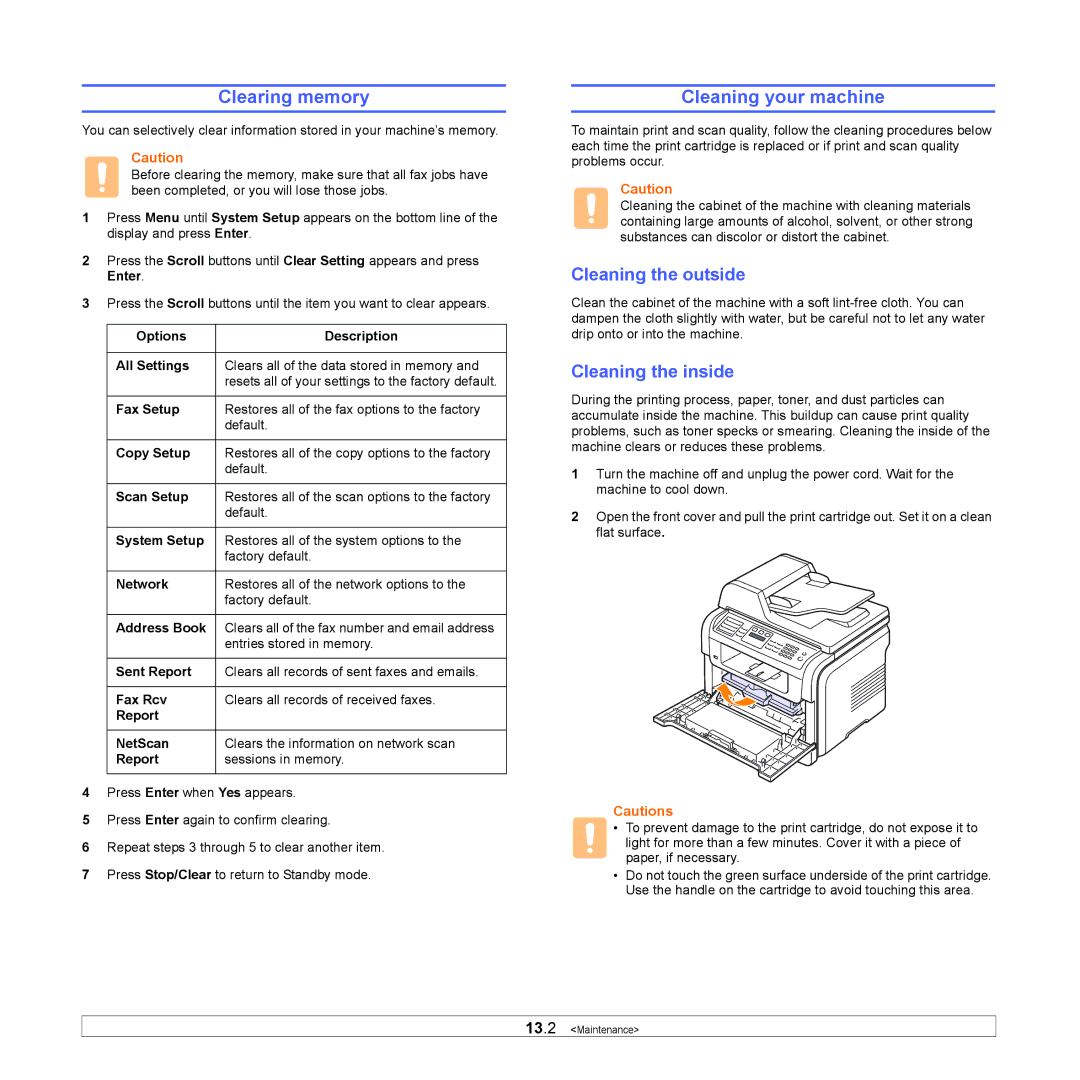 Xerox 3300MFP manual Clearing memory, Cleaning your machine, Cleaning the outside, Cleaning the inside 