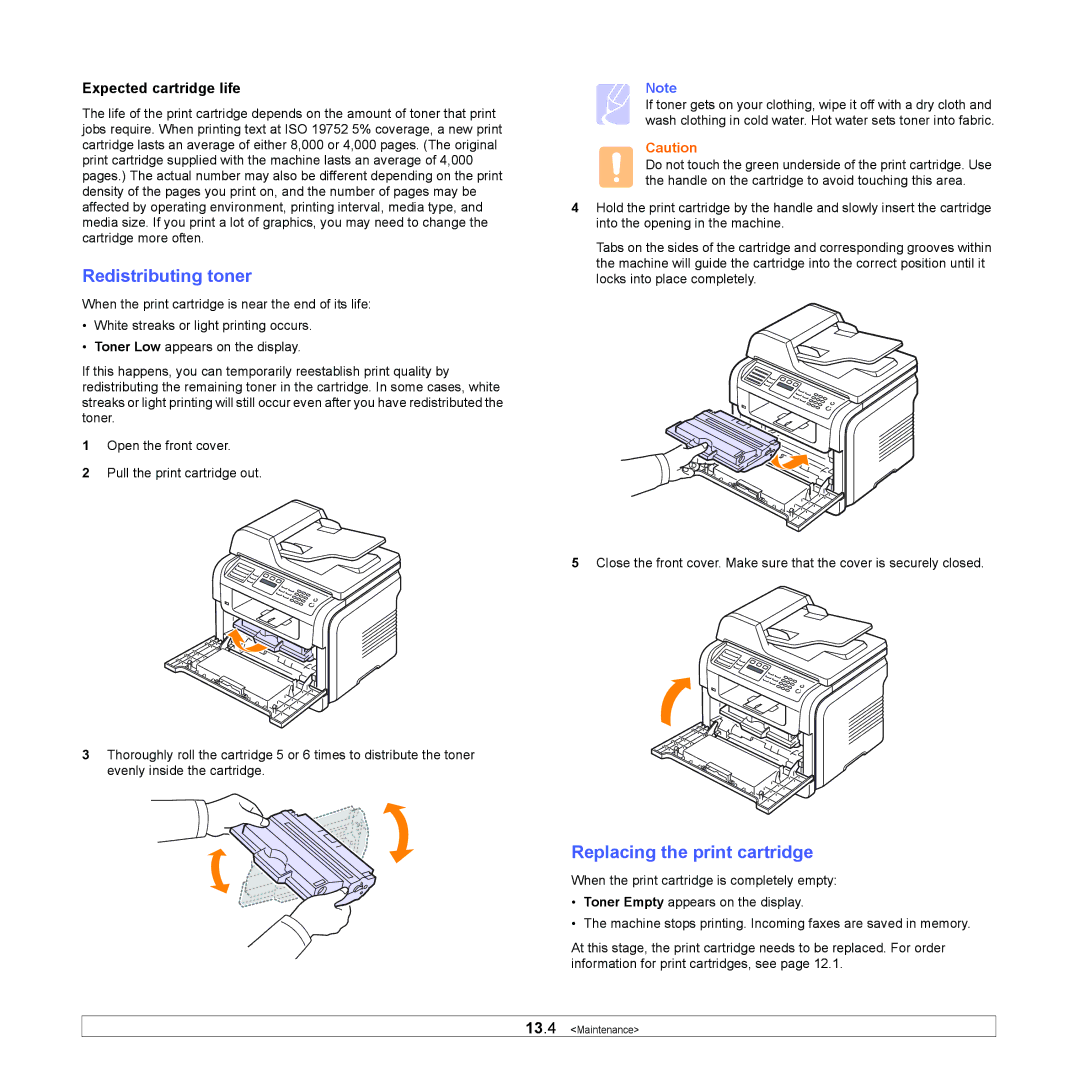 Xerox 3300MFP manual Redistributing toner, Replacing the print cartridge, Expected cartridge life 