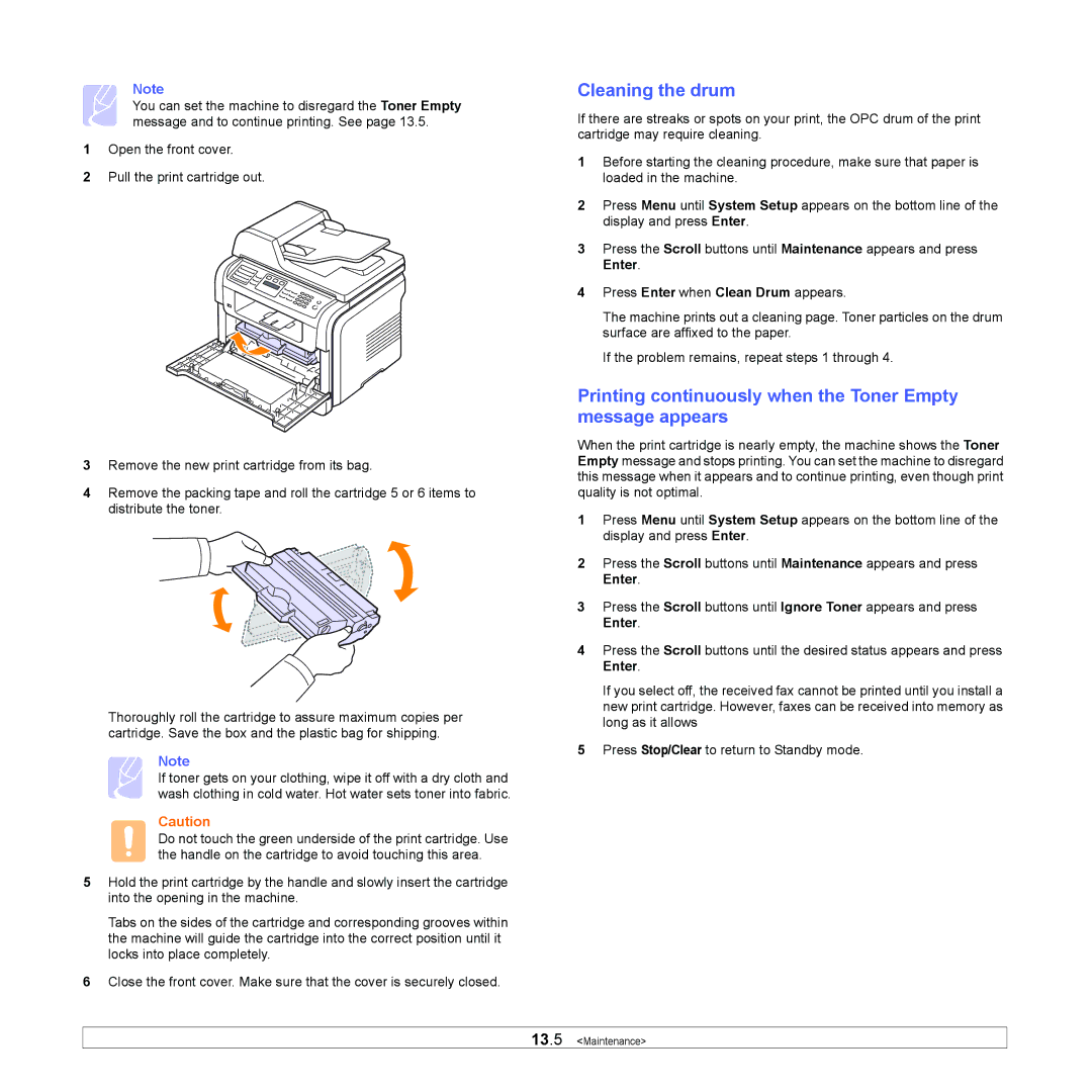 Xerox 3300MFP manual Cleaning the drum, Printing continuously when the Toner Empty message appears 