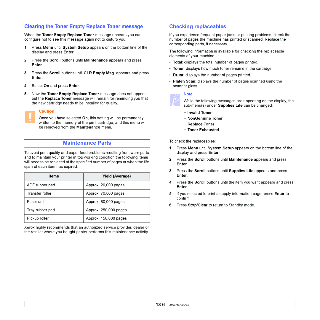 Xerox 3300MFP manual Maintenance Parts, Clearing the Toner Empty Replace Toner message, Checking replaceables 