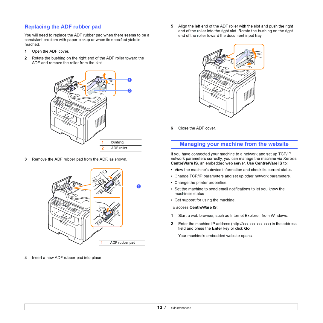 Xerox 3300MFP manual Managing your machine from the website, Replacing the ADF rubber pad, To access CentreWare is 