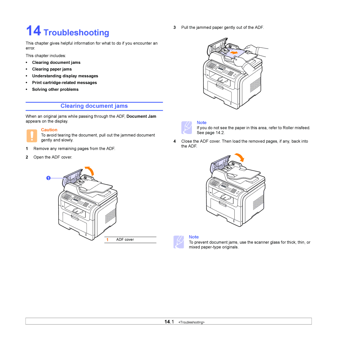 Xerox 3300MFP manual Troubleshooting, Clearing document jams 