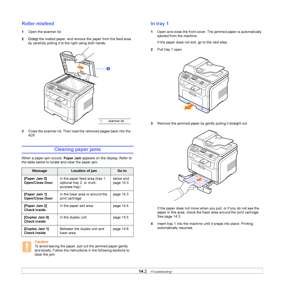 Xerox 3300MFP manual Clearing paper jams, Roller misfeed 