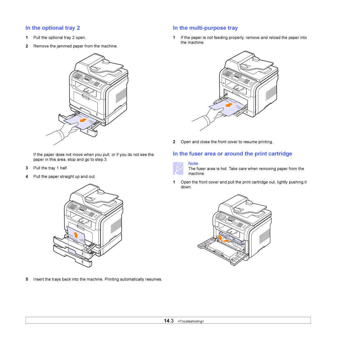 Xerox 3300MFP manual Optional tray, Fuser area or around the print cartridge 