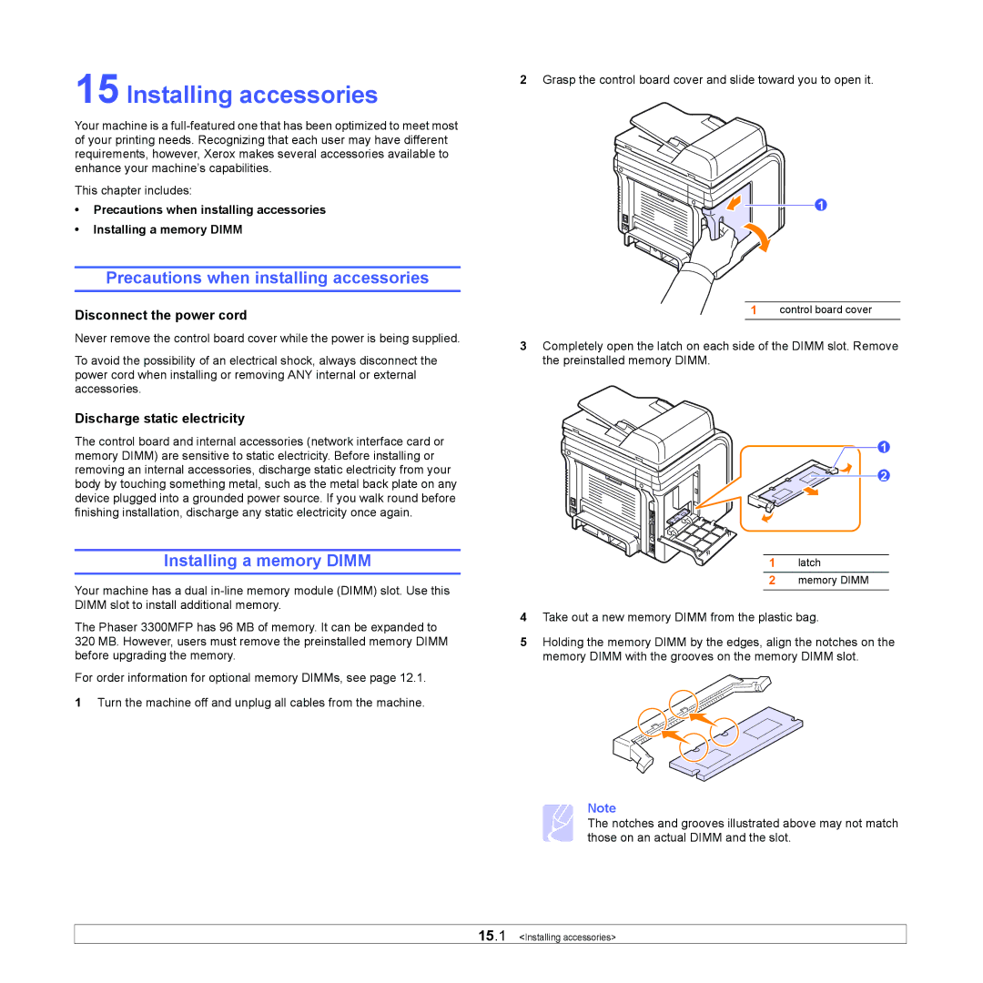 Xerox 3300MFP manual Installing accessories, Precautions when installing accessories, Installing a memory Dimm 