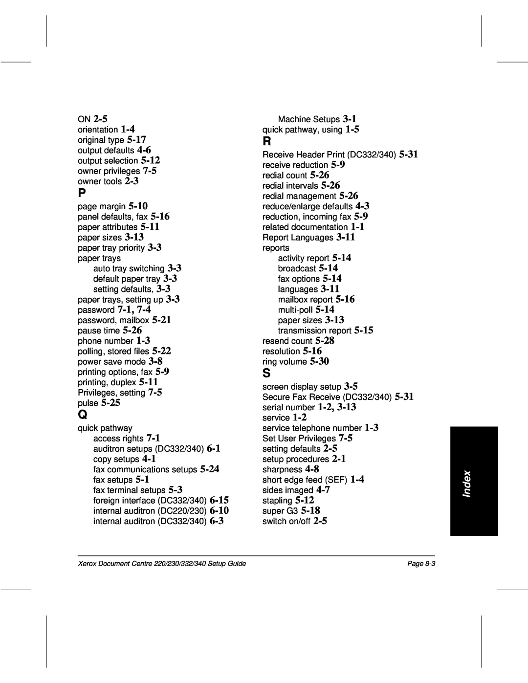 Xerox 230, 340, 332, 220 setup guide Index 