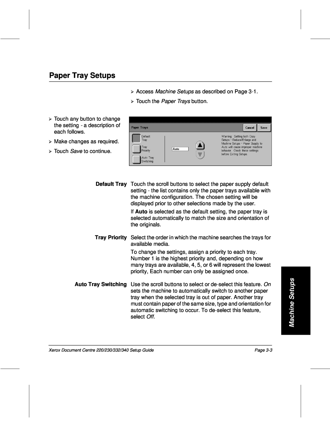 Xerox 230, 340, 332, 220 setup guide Paper Tray Setups, Machine Setups 