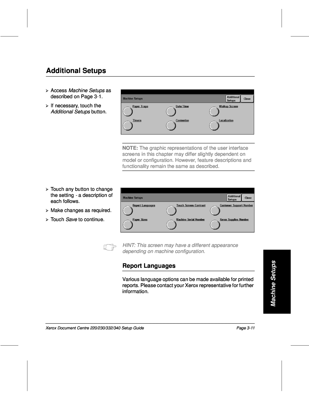 Xerox 230, 340, 332, 220 setup guide Additional Setups, Report Languages, Access Machine Setups as 