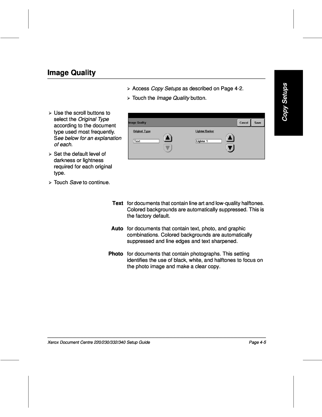 Xerox 230, 340, 332, 220 setup guide Image Quality, Copy Setups, ¿ of each 