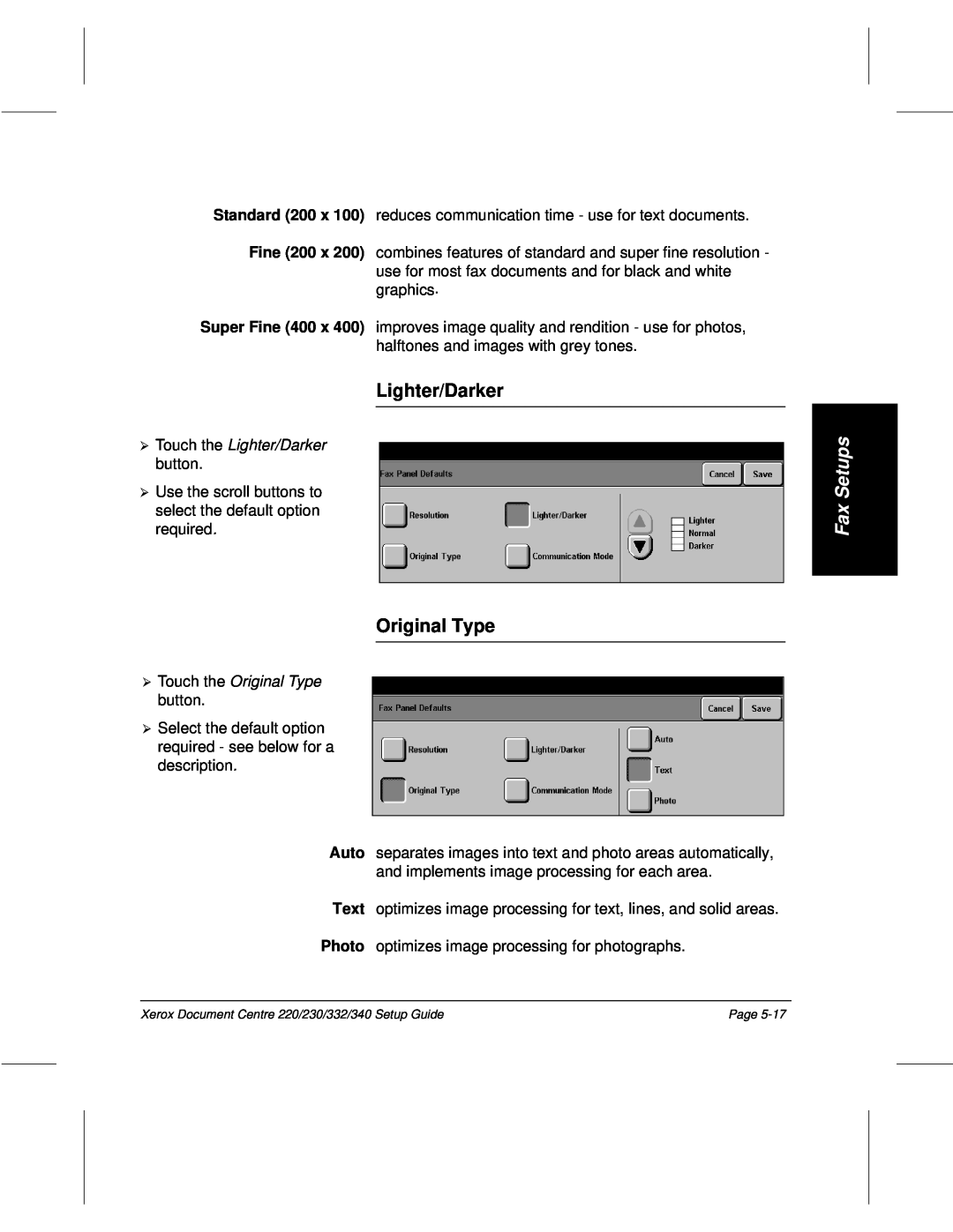 Xerox 230, 340, 332, 220 setup guide Fax Setups, Touch the Lighter/Darker, Touch the Original Type 