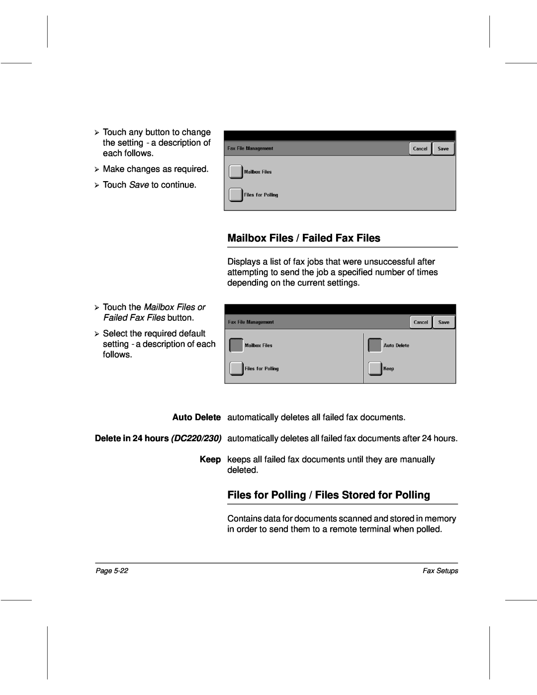 Xerox 340, 332, 220, 230 setup guide Mailbox Files / Failed Fax Files, Files for Polling / Files Stored for Polling 