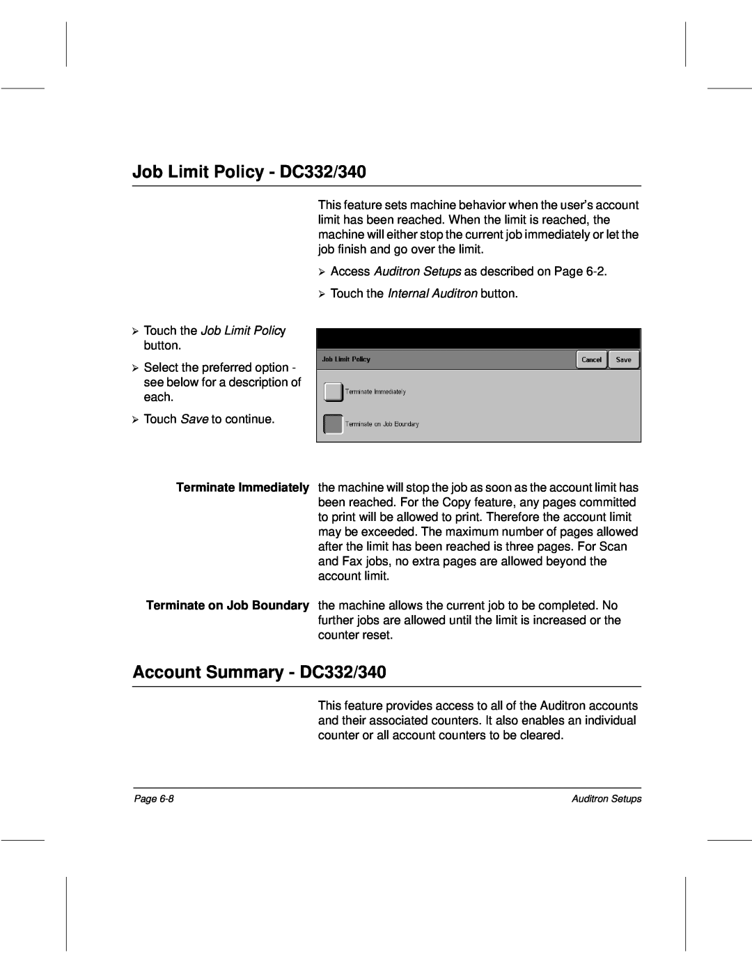 Xerox 220, 230 setup guide Job Limit Policy - DC332/340, Account Summary - DC332/340, Touch the Job Limit Policy 