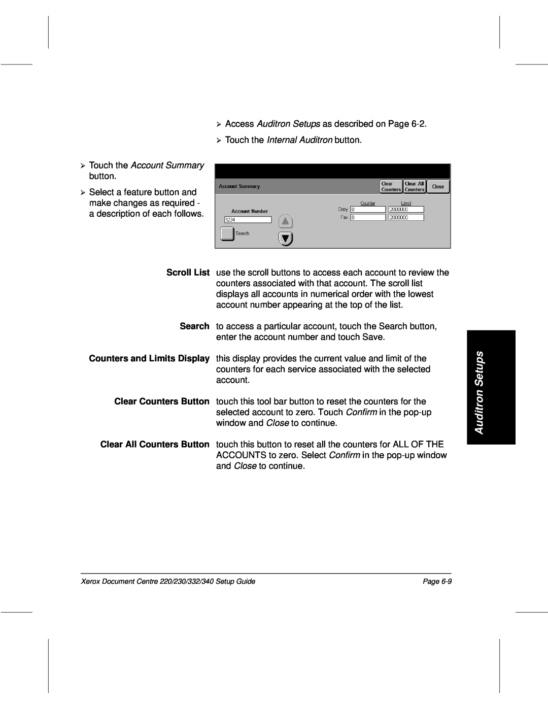 Xerox 230, 340, 332, 220 setup guide Auditron Setups, Touch the Account Summary 