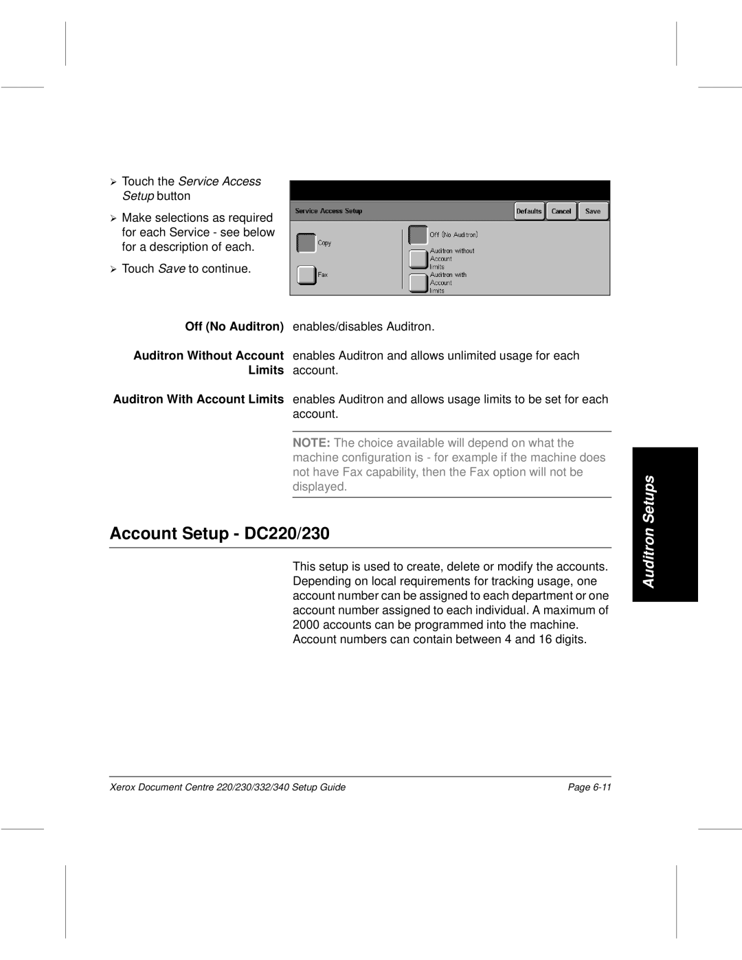 Xerox 332, 340 setup guide Account Setup DC220/230, Touch the Service Access ¿ Setup button 