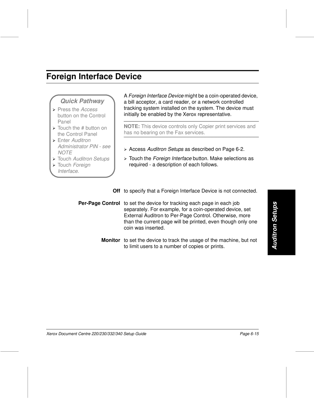 Xerox 332, 340, 220, 230 setup guide Foreign Interface Device, Off Per-Page Control Monitor 