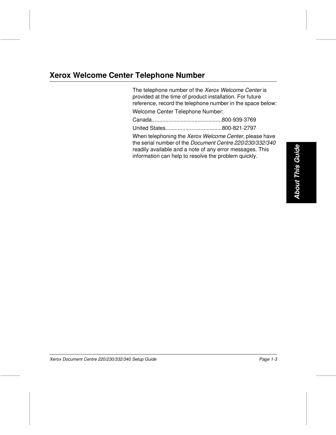 Xerox 230, 340, 332, 220 setup guide Xerox Welcome Center Telephone Number 