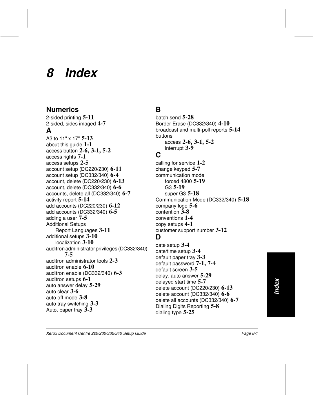 Xerox 332, 340, 220, 230 setup guide Index, Numerics 